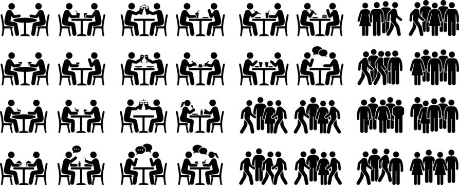 Cafe meeting, restaurant dining, and business networking silhouette vector icon set