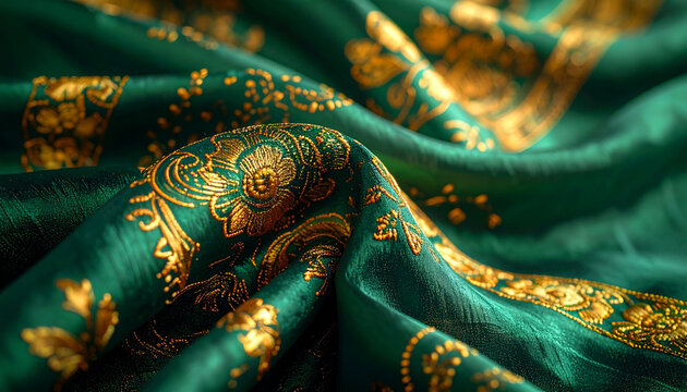 Close-up of luxurious emerald green silk fabric with intricate gold brocade patterns and elegant drapes, showcasing rich texture and ornate design.