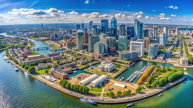 Panoramic aerial view of district canary wharf and the docklands in london england during a sunny day