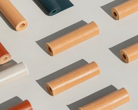 Rolled cork and rubber exercise mats arranged in a rhythmic grid on concrete, featuring tactile grainy textures for wellness and studio design