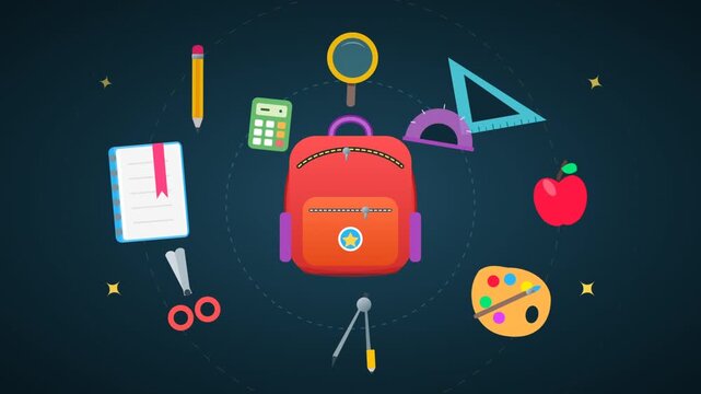 Animated flat design illustration of a red backpack surrounded by colorful school supplies on a dark blue background