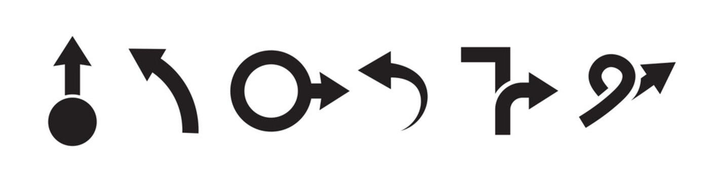 Multi direction arrow. Collection of various black directional arrows, featuring straight, curved, and intersecting arrows in different orientations. bold curved, turning, circular, reverse and route
