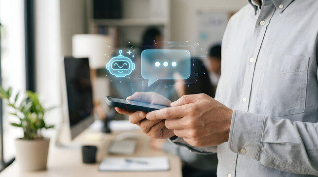 Man using smart phone with artificial intelligence chatbot interface in office.