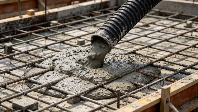 Wet concrete pouring over steel rebar mesh at construction site