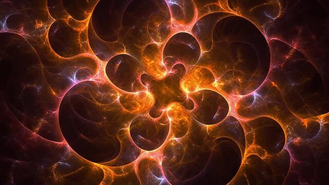 橙色に輝くフラクタル模様が渦を巻く万華鏡