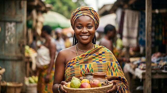 Smiling african woman in traditional kente cloth at a local market