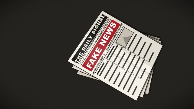Animation of fake news newspaper spinning into view, misinformation, deception, hoax headlines
