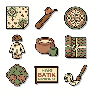 Collection of traditional batik making tools and pattern icons