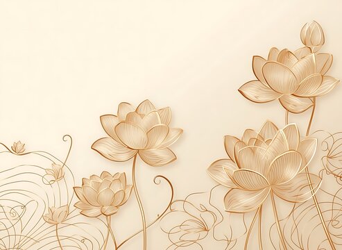 Luxury golden lotus flower line art background elegant floral botanical line illustration