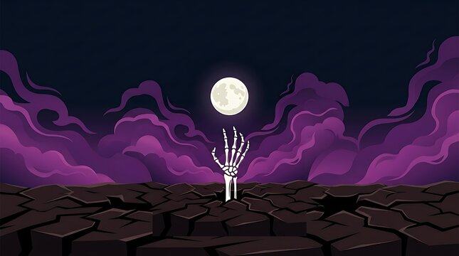 Pixel art skeletal hand reaching from cracked earth under a full moon in purple night sky
