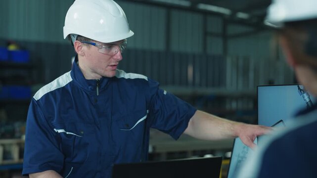 Caucasian man and woman collaborating on production strategy in a factory. Focused leadership, teamwork, and operational development.
