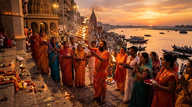Priest performing sacred fire ritual at sunset on the ganges river