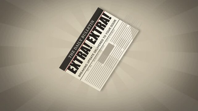 Animation of spinning extra extra newspaper with news message, vintage paper texture, retro broadcast