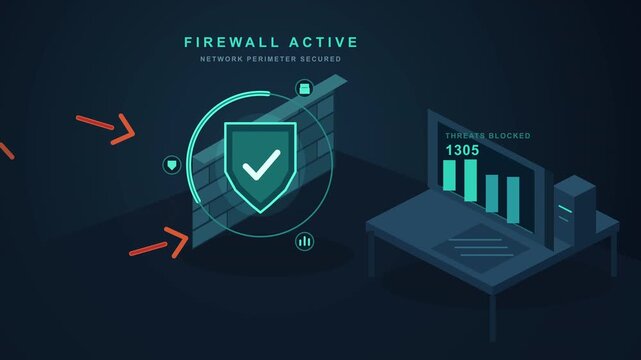 Firewall active cybersecurity protecting desktop computer from incoming threats, digital shield blocking attacks, network security concept.