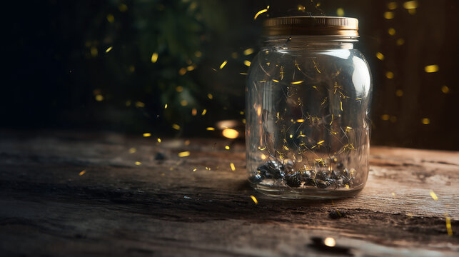 A magical glass jar filled with glowing fireflies on a dark rustic wooden table, creating a warm, enchanting, and mystical atmosphere in a cozy night setting, soft focus.