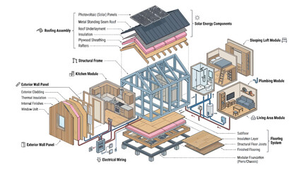 Exploded Isometric View of Sustainable Modular Tiny House Construction © Sulis