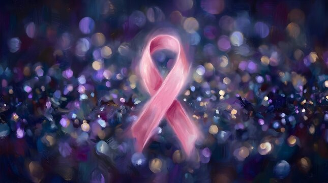 A bright pink ribbon symbolizing hope and support for breast cancer awareness is prominently displayed against a softly blurred backdrop of sparkling