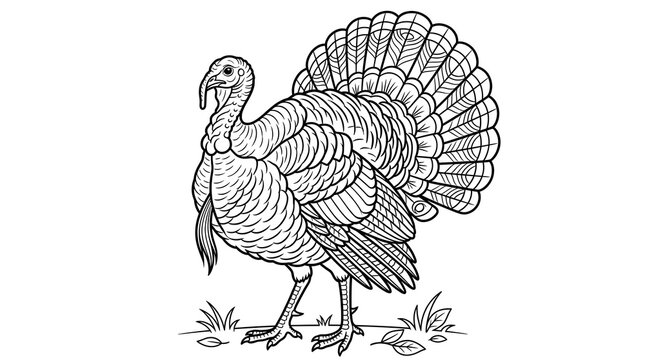A detailed vintage style black and white line art illustration of a large turkey standing on the grassy ground