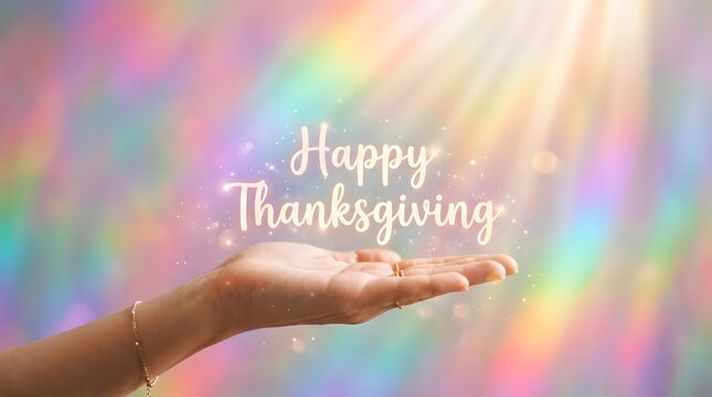 A person holding out their hand with the words happy thanksgiving written in elegant white text against a colorful background