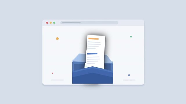 Animated envelope opening with documents inside, flat design web browser interface, data transfer
