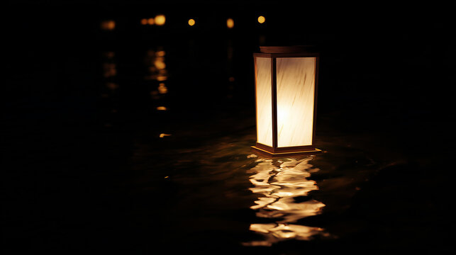 A glowing lantern floating gently on dark, calm water at night, symbolizing peace, hope, reflection, traditional ceremonies, and serene atmosphere in the deep darkness.