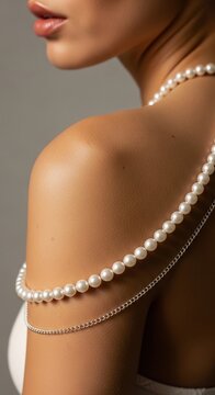 Woman wearing stylish pearl necklace and gold chain on her shoulder
