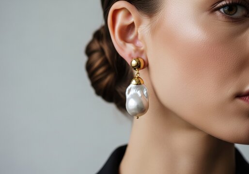 Elegant woman wearing a large baroque pearl earring with gold detail