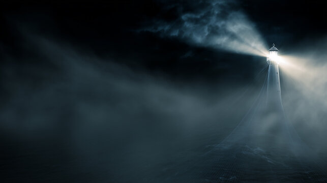 A solitary lighthouse dramatically illuminated against a pitch-black, foggy night, with light beams radiating through heavy mist, symbolizing resilience and navigation in chaos.