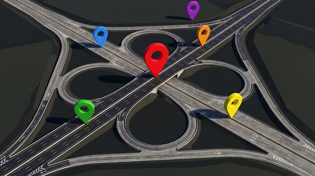 Aerial highway interchange with colorful map pin icons, 3D navigation concept on asphalt road cloverleaf, logistics and transportation route planning with GPS location markers on bridge
