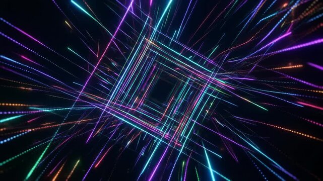 紫と青緑の光の粒子が格子状に密集する光景
