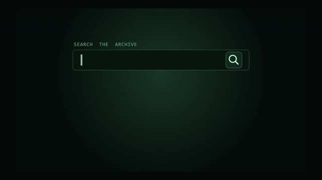 Vintage search bar animation on a digital screen, typing query, pixelated text and cursor, retro interface