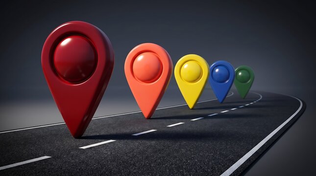 Colorful map pin icons on asphalt road, 3D navigation markers along highway path, vibrant location pointers for logistics and travel tracking, glossy GPS symbols on dark street surface.