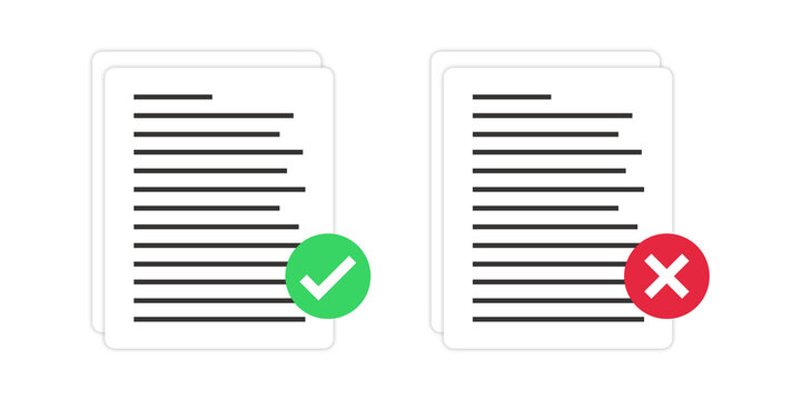 Approved and Rejected Files Icon. Document Verification and Approval Status Concept. File Review, Validation, Compliance and Digital Workflow Management. 2D Illustration