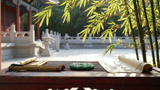 Traditional Chinese Writing Set with Bamboo, Scroll, and Ink Stone in a Serene Courtyard
