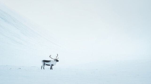 A lone reindeer standing in a vast, desolate arctic snowscape, symbolizing solitude, resilience, survival, wilderness, quiet, cold, peaceful, and majestic nature.
