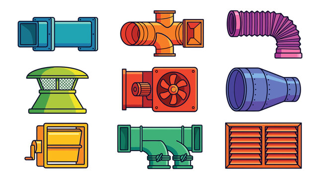 Industrial HVAC ductwork and ventilation system component icons.