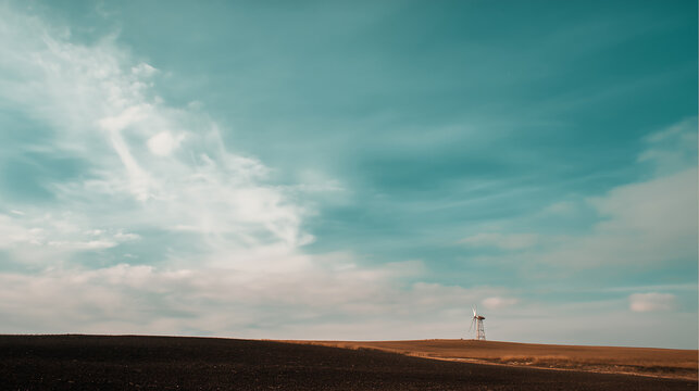 A solitary old windmill on a rolling hill overlooking a vast, dark field under a moody, teal-toned sky. Evokes mystery, history, rural solitude, and the quiet power of nature.