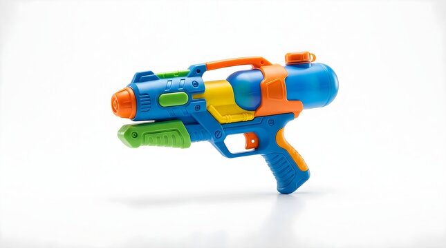 Colorful plastic water gun toy isolated on a plain white background