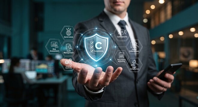 Compliance officer holding a holographic corporate compliance and risk assessment shield dashboard.