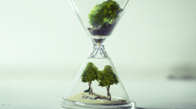 An hourglass filled with sand and miniature green trees inside, symbolizing the fragile connection between time, nature, sustainability, and the urgency of environmental conservation.