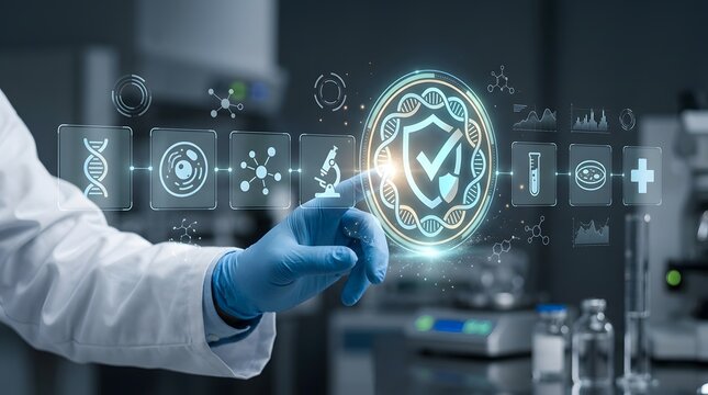 Scientist interacting with holographic medical data interface