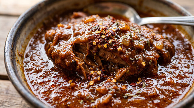 Tender Chicken Cooked in Rich Moambe Sauce Topped with Chili Flakes Close-Up