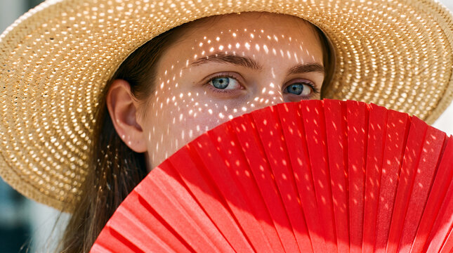 Woman wearing straw hat holding red fan with blue eyes