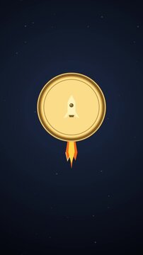 Gold dollar coin shaped planet with a rocket launching into a starry night sky, motion graphic animation