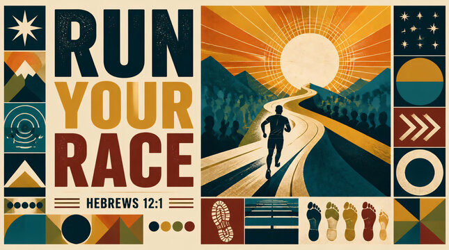 A motivational poster with a runner on a road towards a sunset. Suitable for fitness, sports, or inspirational designs. Vibrant colors create a dynamic aesthetic.
