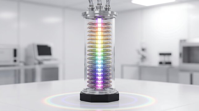 Futuristic quantum computer processor with glowing rainbow light in laboratory, advanced scientific research equipment in sterile white lab, high-tech computing hardware for data science.
