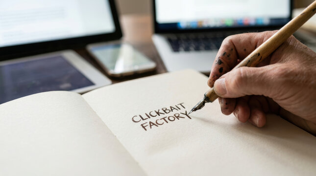 Social media disinformation concept with hand writing clickbait factory on notebook near laptop and smartphone on desk
