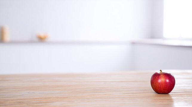 A single fresh red apple sitting alone on a rustic wooden table in a bright, clean kitchen background. Minimalist food photography for healthy eating and lifestyle concepts.