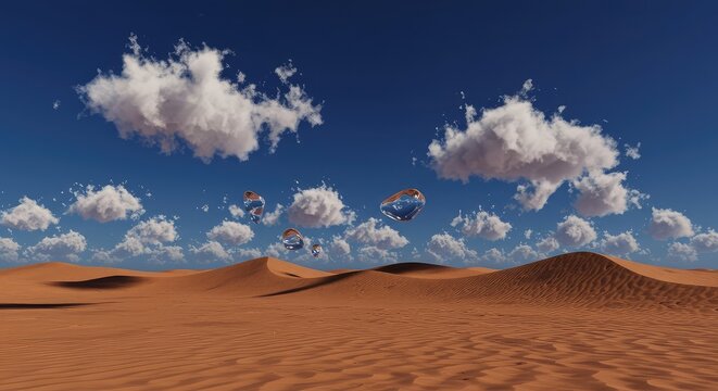 A weird desert landscape with sharp, crystalline clouds floating above a dramatically warped ground under a deep indigo sky ,modern ,imagination ,abstract