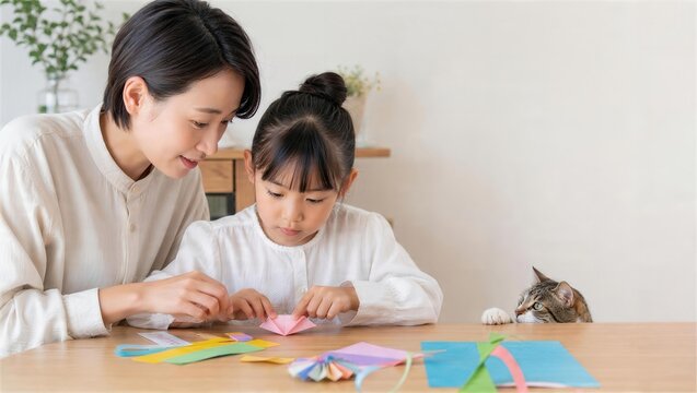 猫をそばにハロウィンの紙飾りを作る親子